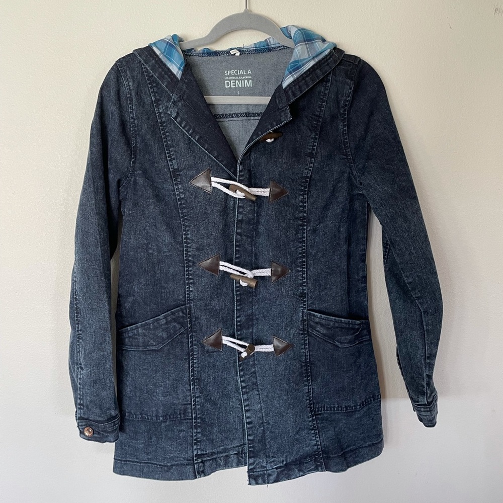 Dark denim jacket women’s small with plaid pattern hood